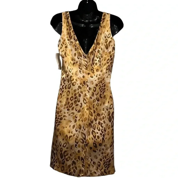 NWT 100% Silk Leopard Beige Gold Mob Wife Sleeveless Elegant Dress Womens 6 - Picture 3 of 11